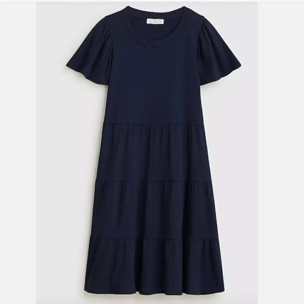 J. Crew Knit Broken In Jersey Tiered Mini Dress Flutter Short Sleeve Navy Blue M